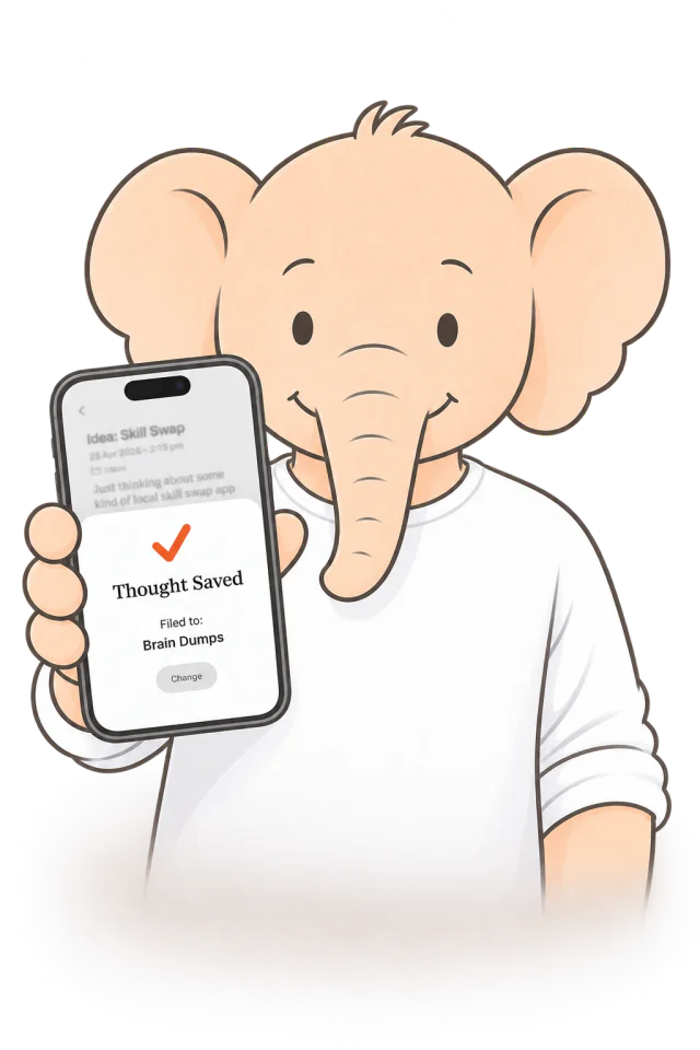 Olly the elephant holding an iPhone showing a saved thought